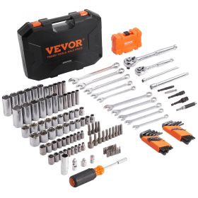 Mechanics Tool Set and Socket Set, 1/4" and 3/8" Drive Deep and Standard Sockets, 145 Pcs SAE and Metric Mechanic Tool Kit with Bits